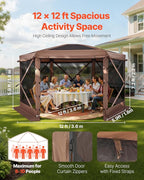 VEVOR Pop up Gazebo Screen Tent, 12 x 12 ft Large 6-Sided Camping Canopy Tent with Removable Top & Carry Bag, Quick-Set & Bite-Proof, Screen House Sun Shelter for 8-10 Persons Backyard Patio, Brown