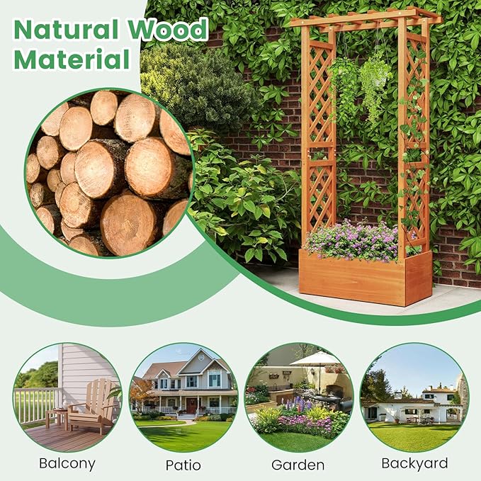 Giantex Set of 2 Raised Garden Bed with 2-Sided Trellis & Hanging Roof, Fir Wood Planter Box w/Drainage Holes, Bottom Gaps, Freestanding Garden Planter for Flowers Herbs Climbing Vines (31"x12.5"x60")