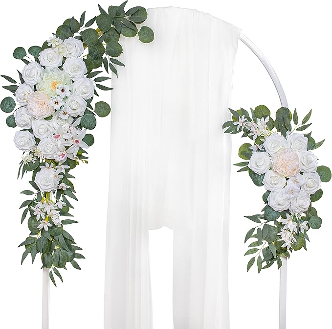 Artificial Flowers Wedding Arch Swag, White Silk Peony and Rose Set