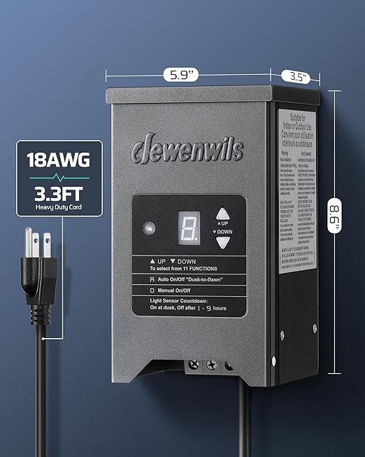 DEWENWILS 150W Low Voltage Landscape Lighting Transformer, 120V to 12/15V AC, Metal Shield, Outdoor Low Voltage Landscape Transformer, Photocell & Timer, Landscape Lighting Transformer