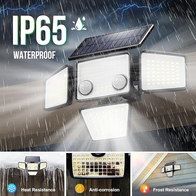 Solar Outdoor Lights - 3000LM 188 LED Motion Sensor Outdoor Lights, 4 Heads Security Light,IP65 Waterproof, Easy Install,270°Wide Angle Flood Wall Light with 3 Modes for Backyard Yard (3 Pack)
