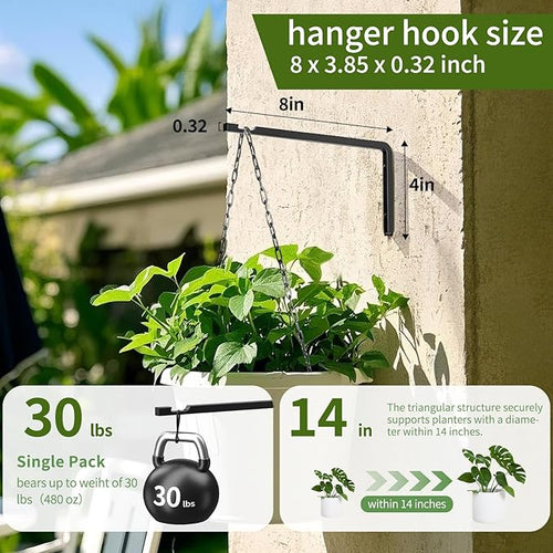 2 Pack 8 Inch Plant Hanger Hooks for Indoor Hanging Plants, Heavy Duty Steel Hanging Plant Brackets Wall Mount Hooks for Hanging Bird Feeders Flower Basket Wind Chime Solar Lanterns Outdoor, Black