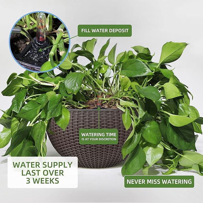 Dexceder 9 Inch Self Watering Hanging Planters Indoor Outdoor, Thickened Hanging Basket Flower Plant Pot with Water Level Indicator (Brown)