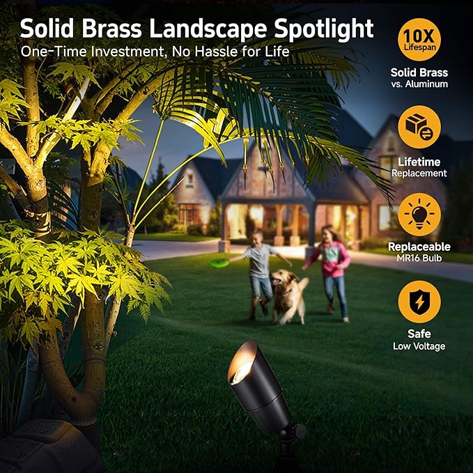 Gardenreet Landscape Spotlights Low Voltage - Brass Outdoor Uplight LED 12V, Wired Spot Lights IP65 Waterproof, Black for Exterior Garden Yard Tree House with 5W 2700K Warm White MR16 Bulb