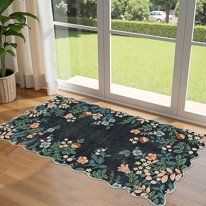 Outdoor Rug Boho Floral Mat, Black Polyester, 2 x 4.3 ft