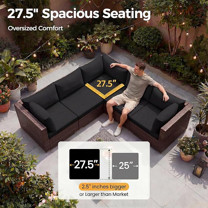 NICESOUL 8 Seater Modern Outdoor Seating Group, Plus Size Big Wicker Patio Modular Sectional with Ottoman, 29.3'' High Back Comfy Conversation Sets for Outside, Brown Rattan and Black Cushion