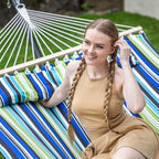 SUNCREAT Hammock with Stand 2 Person Heavy Duty, Freestanding Hammock with Spreader Bar, Soft Pillow, Green Stripes