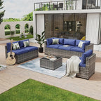 Aoxun 7 Piece Patio Furniture Set Wicker Rattan Patio Conversation Set Outdoor Sectional Sofa Set with Coffee Table and Thickened Cushions, Gray/Blue(Waterproof Cover Included)