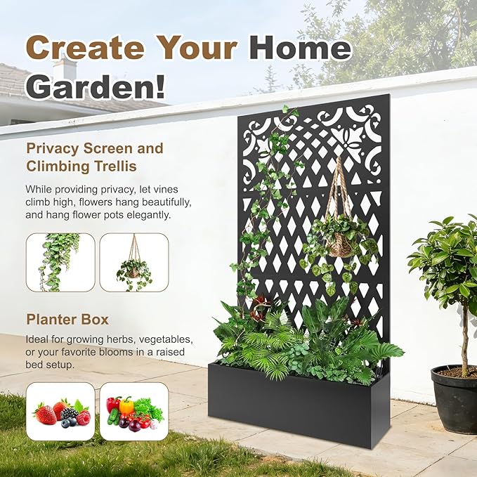 Metal Raised Garden Bed with Trellis & Privacy Screen, 71"x40"x11.8" Galvanized Freestanding Planter Box for Patio Balcony, Modern Planter with Drainage for Climbing Plants, Flowers & Vegetable
