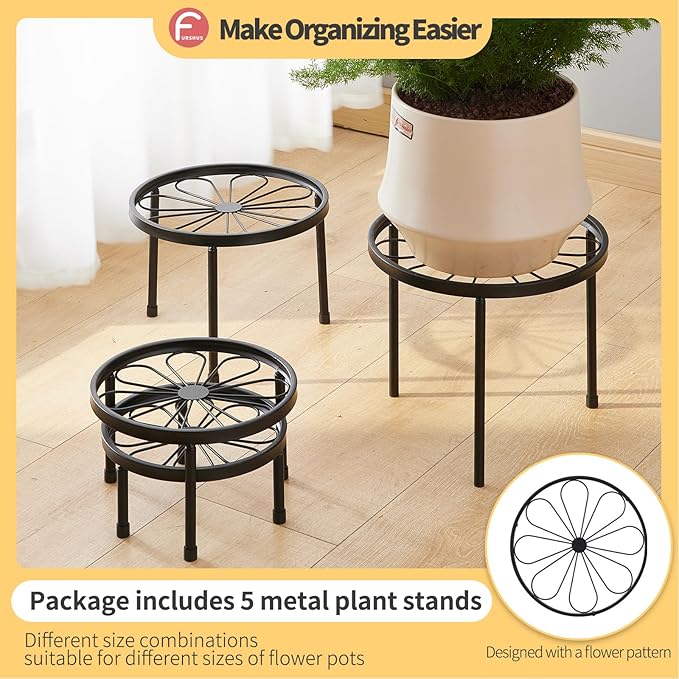 Plant Stand,5 Pack Heavy Duty Flower Pot Stands,Metal Decoration Racks,Round Plant Shelf for Planter Outdoor and indoor (Brown)