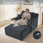 65.4" Chaise Lounge Chair Indoor, Oversized Boneless Couch Comfy Upholstered Sleeper Sofa Bed with 3 Pillows, Corduroy Cloud Reading Chair for Living Room No Assembly Required, Dark Grey