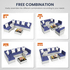 Pamapic 7 Piece Outdoor Sectional Sofa Set, All-Weather Patio Furniture with Washable Cushions, Waterproof Gray Rattan Wicker Conversation Set for Backyard, Poolside, Garden (Navy Blue Cushions)