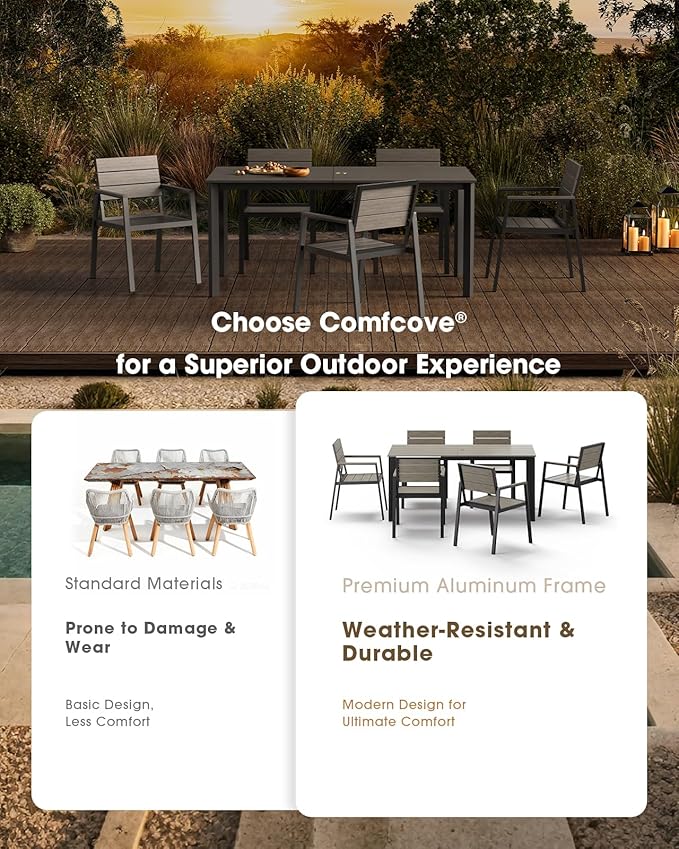 Outdoor Patio Dining Set for 6, Aluminum 7 Piece HDPS Patio Table and Chairs Set with Umbrella Hole, Modren Patio Furniture Set, Patio Dining Table and 6 Chairs (Classic Gray)