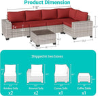 6-Piece Outdoor Patio Furniture Set Wicker Sectional Sofa Set, Patio Conversation Set with Thickened Cushions & Coffee Table for Garden, Backyard, Poolside, Red