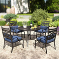 PHI VILLA 5 Pieces Outdoor Dining Set for 4, 42" Round Black Metal Table with Umbrella Hole & Wrought Iron Chairs, Large Outside Furniture with Blue Cushions & Pillows for Patio, Deck, Porch