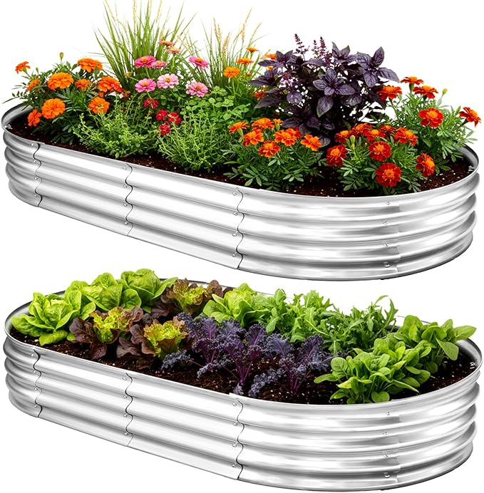 TATAANTY Galvanized Raised Garden Bed Kit, Rust-Resistant Planter Garden Boxes Outdoor, Oval Large Metal Raised Garden Beds for Vegetables Easy to Set Up - 4x2x1ft (2 Pack)