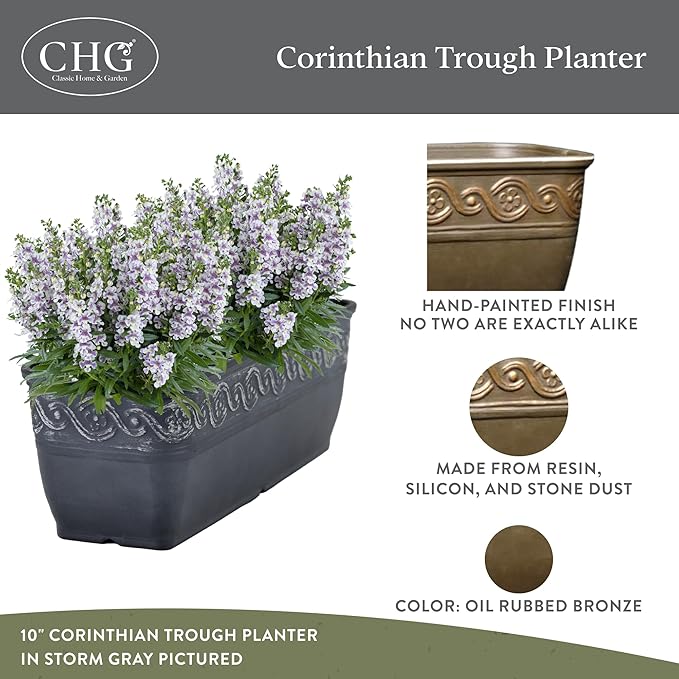 Classic Home and Garden Corinthian Trough Planter, 10", Bronze