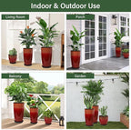 24/21/12 Inch Large Plastic Planter, Lightweight Ceramic-Look Tall Planters with Drain Hole & Saucers, Tall Plastic Planters for Porch, Garden, Patio, Balcony(Fiery Red)
