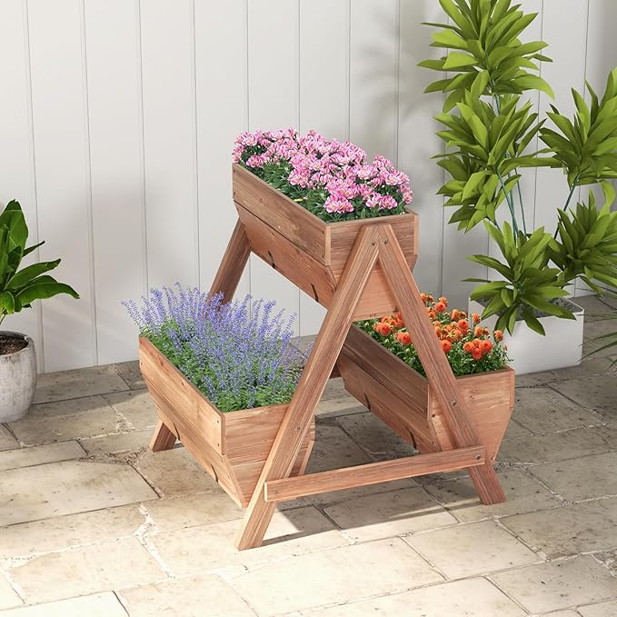 Giantex Vertical Raised Garden Bed, 3 Wood Planter Boxes for Flower Vegetable Fruit Herb, Freestanding Garden Planter with Drain Holes, Elevated Raised Beds for Indoor Outdoor Lawn Patio Yard, Brown