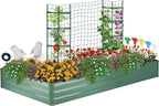 ONCEMORE Galvanized Raised Garden Bed for Vegetables Flowers Herbs, Metal Raised Garden Bed Kit with 2 PCS Tomato Cage, Gloves, Trellis Netting, Plant Labels, Plant Ties, Green 6×3×1FT