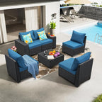6 Pieces Patio Furniture Set All-Weather Outdoor Wicker Sectional Conversation Sofa Rattan Patio Seating Sofa with Cushion and Glass Table for Porch Poolside,Peacock Blue