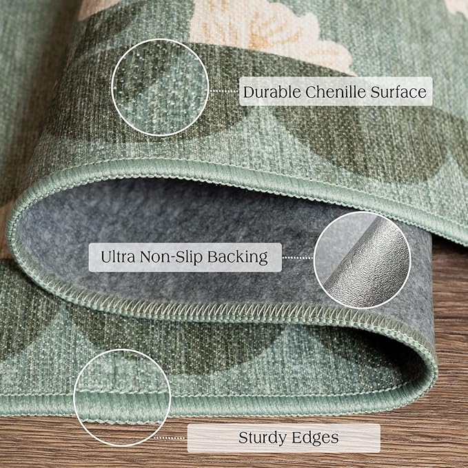 Outdoor Rug 3x5 ft Washable Floral Entryway Mat in Sage Green