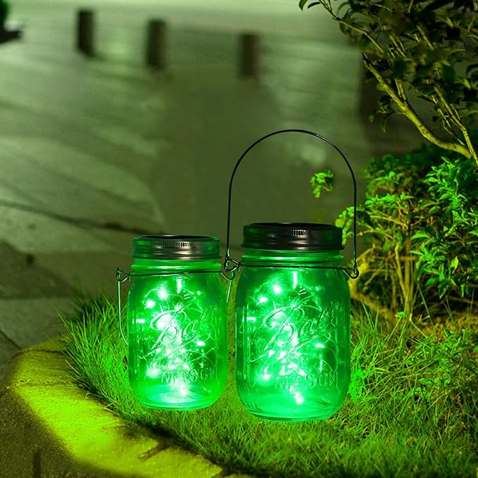 String Lights, 12 Pack Green Solar Mason Jar Lights with 30 LEDs