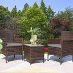 Greesum 3 Pieces Patio Furniture Sets Outdoor PE Rattan Wicker Chairs with Soft Cushion and Glass Coffee Table for Garden Backyard Porch Poolside, Brown and Gray