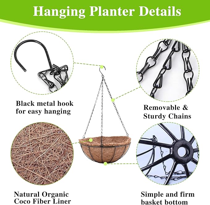 Metal Hanging Planters Basket Set of 3 Hanging Flower Pots 12 Inch Chain Round Wire Plant Holder with Coco Coir Liner Garden Watering Hanging Baskets for Patio Garden Outdoor1