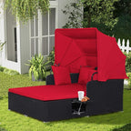 COSTWAY Outdoor Daybed with Retractable Canopy, Wicker Patio Furniture Set with Cushioned Pillows, Patio Rattan Daybed for Deck, Backyard, Poolside (Red)