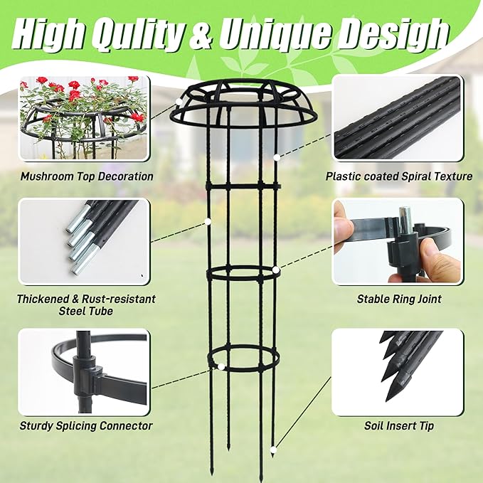 Garden Trellis for Climbing Plants Outdoor, 53 Inch Mushroom Top Trellis for Climbing Plants, Plant Trellis Support for Potted Plants Climbing Vine Rose Clematis Vegetable Trellis, 2 Pack