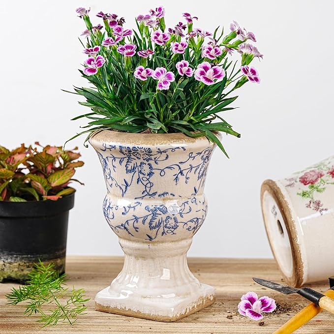 Sungmor Small Ceramic Urn Planter - Blue and White Floral Pedestal Flower Pot, Decorative Vintage Chinoiserie Style Planters, Tuscan Accent Vase Indoor Outdoor Plant Holder with Drainage