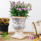 Sungmor Small Ceramic Urn Planter - Blue and White Floral Pedestal Flower Pot, Decorative Vintage Chinoiserie Style Planters, Tuscan Accent Vase Indoor Outdoor Plant Holder with Drainage