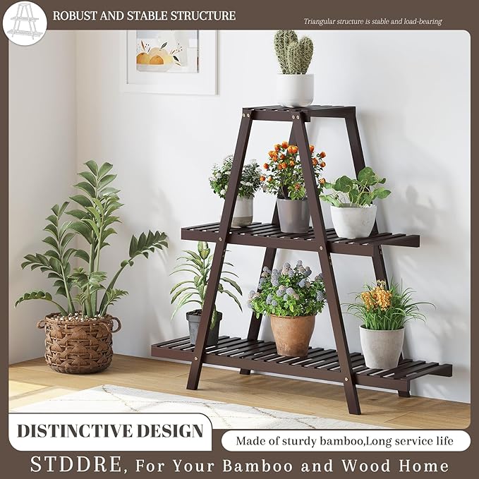 Plant Stand For Indoor Outdoor Tiered Plant Shelf 3 Tier 8 Potted Bamboo Flower Holder Ladder Rack For Multiple Triangle Table Plant Pot Stand (Brown)