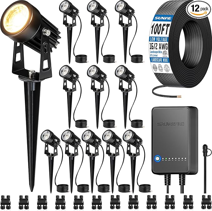 SUNVIE All-in-One LED Low Voltage Landscape Lighting Kit, 12-Pack Landscape Lights with Transformer 100FT Wire and Connectors, 3000K Waterproof Low Voltage Landscape Lights for Garden Yard House Tree