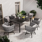 Grand patio 7-Piece Outdoor Dining Set for 6, Patio Dining Furniture Set for 6 Swivel Rope Wicker Chairs & 1 Straight Legs Rectangular Dining Faux Woodgrain Table with Umbrella Hole, Light Gray Brown