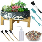 Succulent Pots, 10 Inch Large Succulent Planter Pots with Drainage - Ceramic Marble Bonsai Pot with Stand Shallow Planter for Cactus Flower Plants Plus Succulent Planting Tools Set & 2.2lb Mix Pebbles