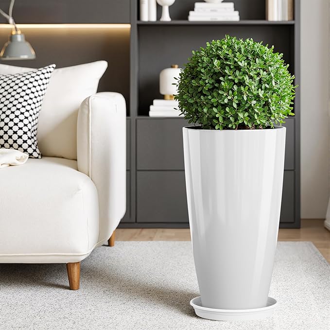 QCQHDU 21 inch Tall Planters for Outdoor & Indoor Plants, Set of 2 Large Outdoor Planters with Drainage Hole for Front Porch, Patio, Garden, White