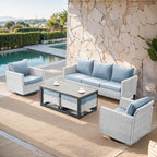 Belord 6 Piece Outdoor Furniture Patio Wicker Sofa Set, Oversize Outdoor Swivel Rocker Chairs with Rattan Ottomans, Conversation Sets Patio Furniture Come with Removable Cushion Baby Blue, Light Grey