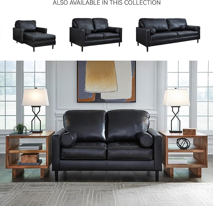 Signature Design by Ashley Bryceview Mid-Century Leather Match Tufted Loveseat with 2 Bolster Pillows, Black