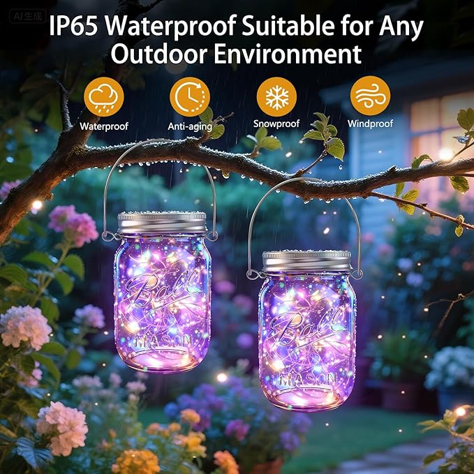 String Lights, Solar Mason Jar Hanging Lights, 12 Pack, Multicolor