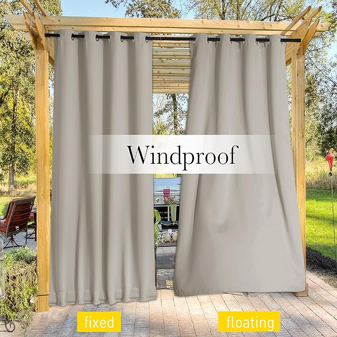 NICETOWN 2 Panels Outdoor Curtains for Patio Waterproof & Windproof, Extra Wide Grommet & Back Tab on Top & Bottom Thermal Insulated Sun Blocking Drapes with Rope for Deck, Natural, W100 x L84
