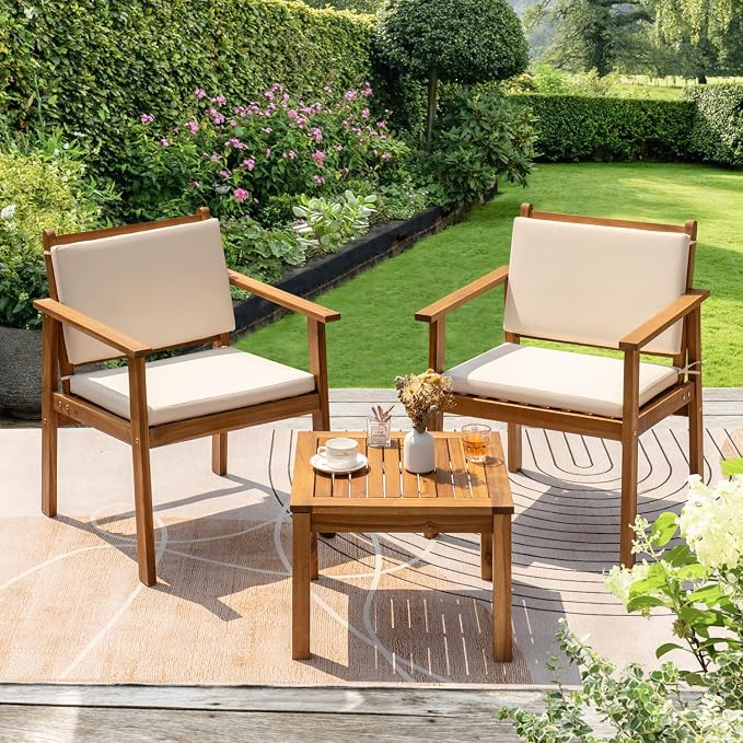 Conversation Set, 3 Piece Acacia Wood Patio Set with Cushions, White