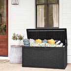 Flamaker Deck Box with Cushion 100 Gallon Waterproof Resin Storage Box with Air Rod Indoor Outdoor Lockable Storage Bench for Patio Furniture, Tools, Pool Accessories (Black)