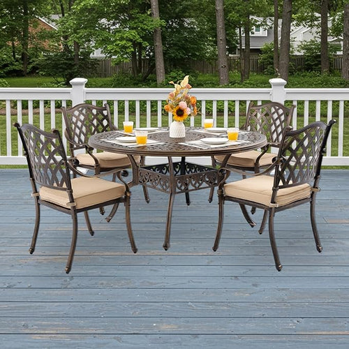 5-Piece Cast Aluminum Patio Furniture, Outdoor Dining Sets for 4 Include 54" Round Patio Dining Table and 4 Stackable Chairs with Cushions & Umbrella Hole (Bronze)