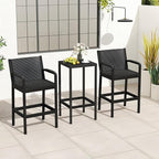 COSTWAY 3 Pieces Patio Bar Set, Modern Outdoor Bistro Set with 2 Chairs and 1 Square Bar Table, Curved Backrest and Armrests, Metal Frame, for Garden, Balcony, Poolside, Black