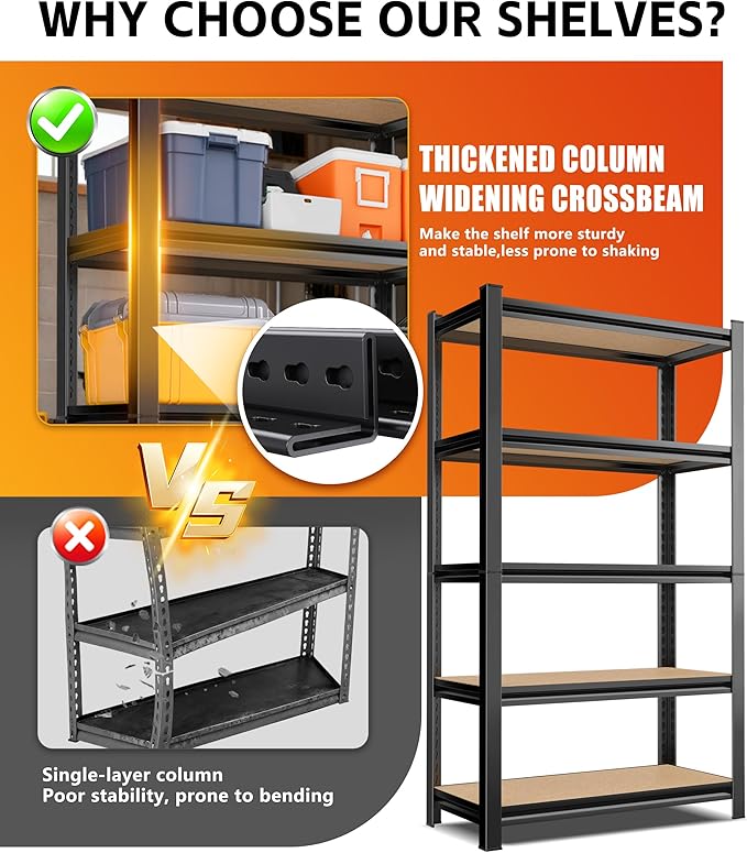 AOARGG Set of 2 Garage Shelving Heavy Duty Storage Shelves, Metal Adjustable Shelving Unit, Utility Garage Organizer Shelf for Basement, Pantry, Kitchen, Warehouse, 19.7" Dx45.6 Wx78 H, Black