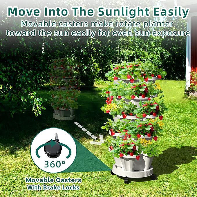 6 Tiered Strawberry Vertical Planters, Stacking Tower Garden with Support Pole, Stackable Herb Vegetable Planters Indoor and Outdoor - White