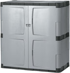 Rubbermaid Freestanding Storage Cabinet with Doors 18"D x 36"W x 37"H Medium Gray/Black Two-Shelf Lockable Cabinet for Indoor/Outdoor/Garage Storage for Garden Tools/Lawn Care Accessories