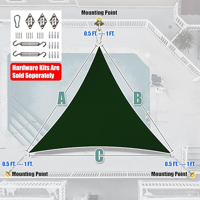 Amgo Custom Size 12' x 12' x 12' Green Triangle Sun Shade Sail Order to Make Canopy Awning UPF50+ AGSLT, 95% UV Blockage, Water & Air Permeable, 200GSM Commercial Standard (We Customize)